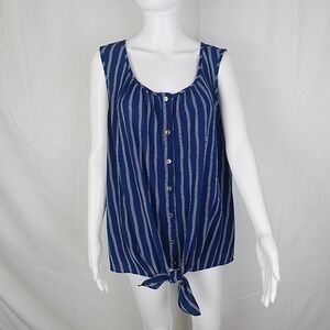 Ivy Ridge Womens Plus 2X Tunic Sleeveless Button Down Blue Pinstripe Knotted